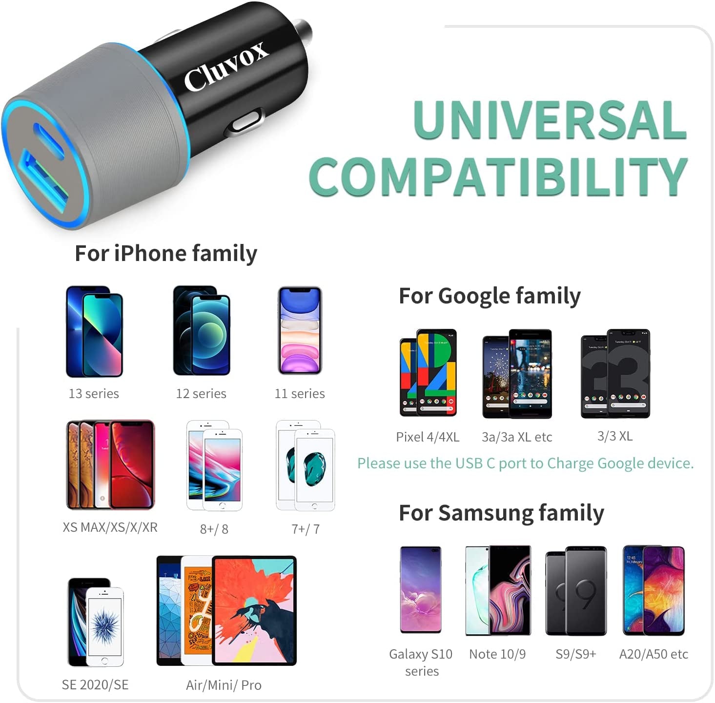 Dual USB Car Charger Adapter,  20W Fast Charging for Iphone 17 Pro Max/Air/16 Plus/15/14/13/12/11/Xs/Xr/8/Se 2020/Ipad 8Th/Pro/Air 4/Mini, Google Pixel, Samsung Cigarette USB Charger