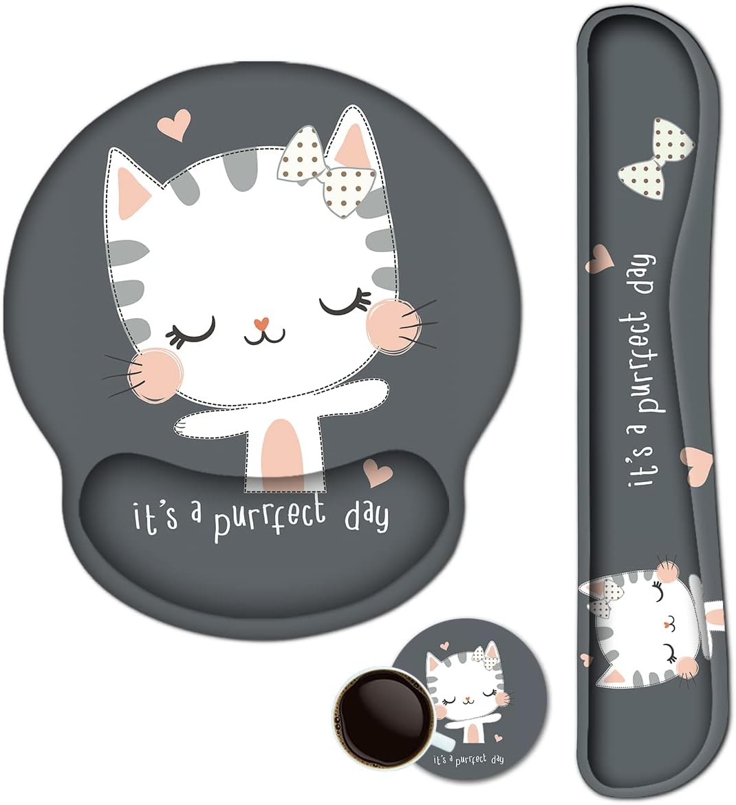 Ergonomic Gel Wrist Rest Mouse Pad with Non-Slip Rubber Base and Memory Foam Support for Home Office Use - Cute Cat Design