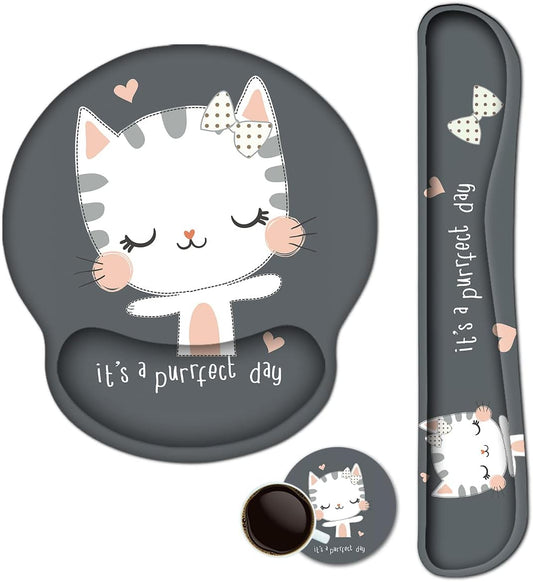 Ergonomic Gel Wrist Rest Mouse Pad with Non-Slip Rubber Base and Memory Foam Support for Home Office Use - Cute Cat Design