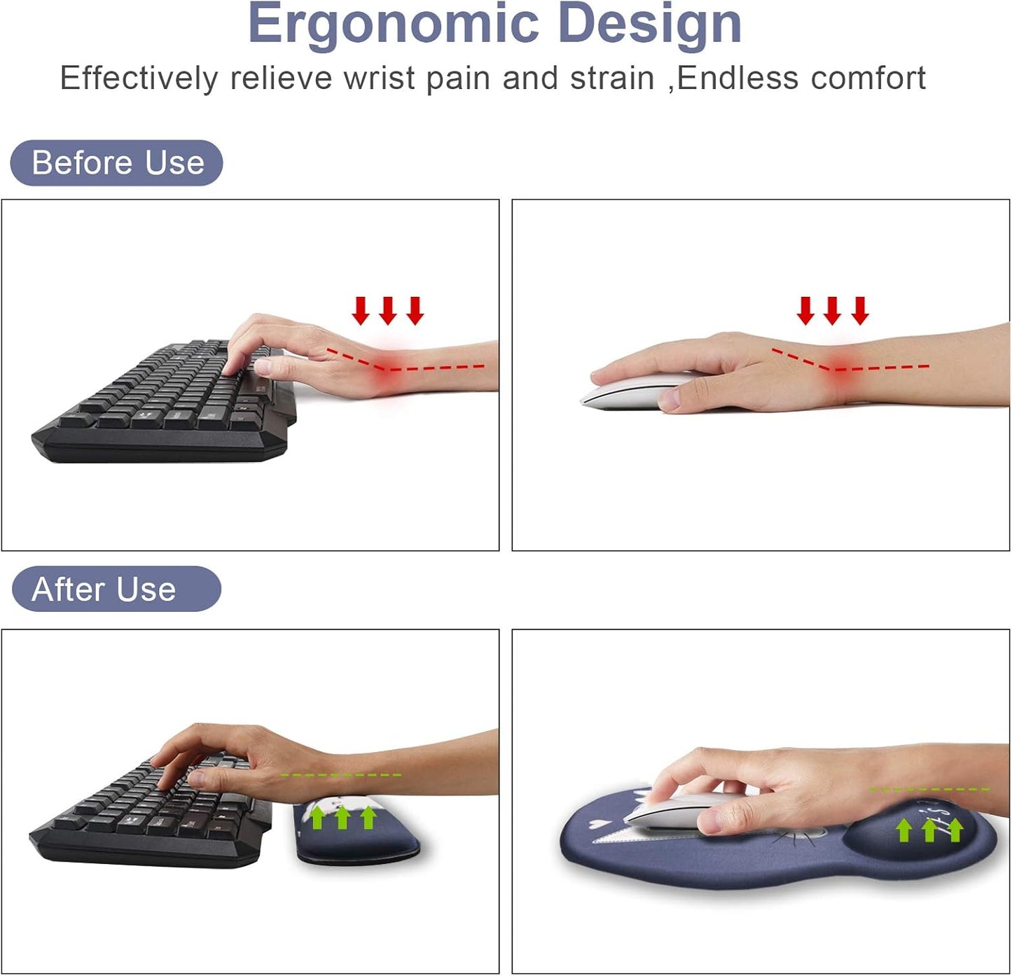 Ergonomic Gel Wrist Rest Mouse Pad with Non-Slip Rubber Base and Memory Foam Support for Home Office Use - Cute Cat Design