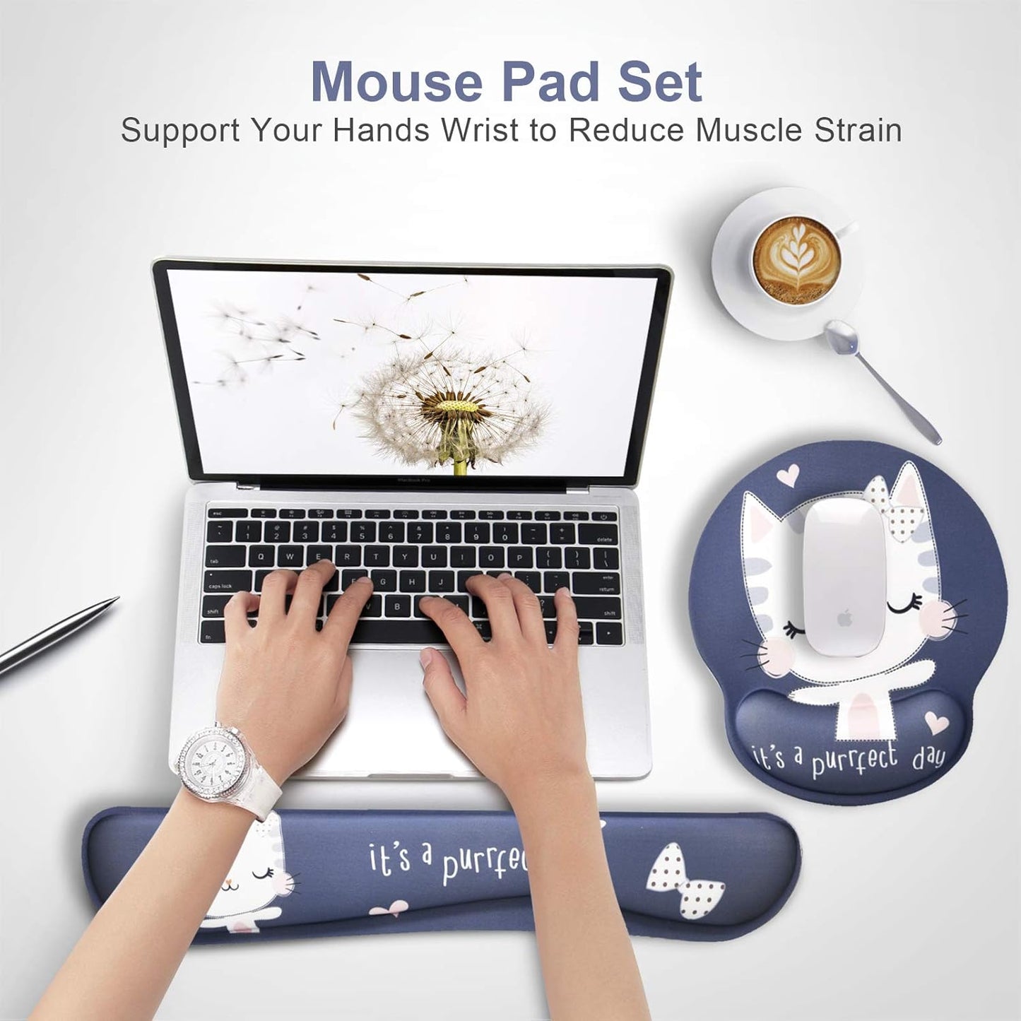 Ergonomic Gel Wrist Rest Mouse Pad with Non-Slip Rubber Base and Memory Foam Support for Home Office Use - Cute Cat Design